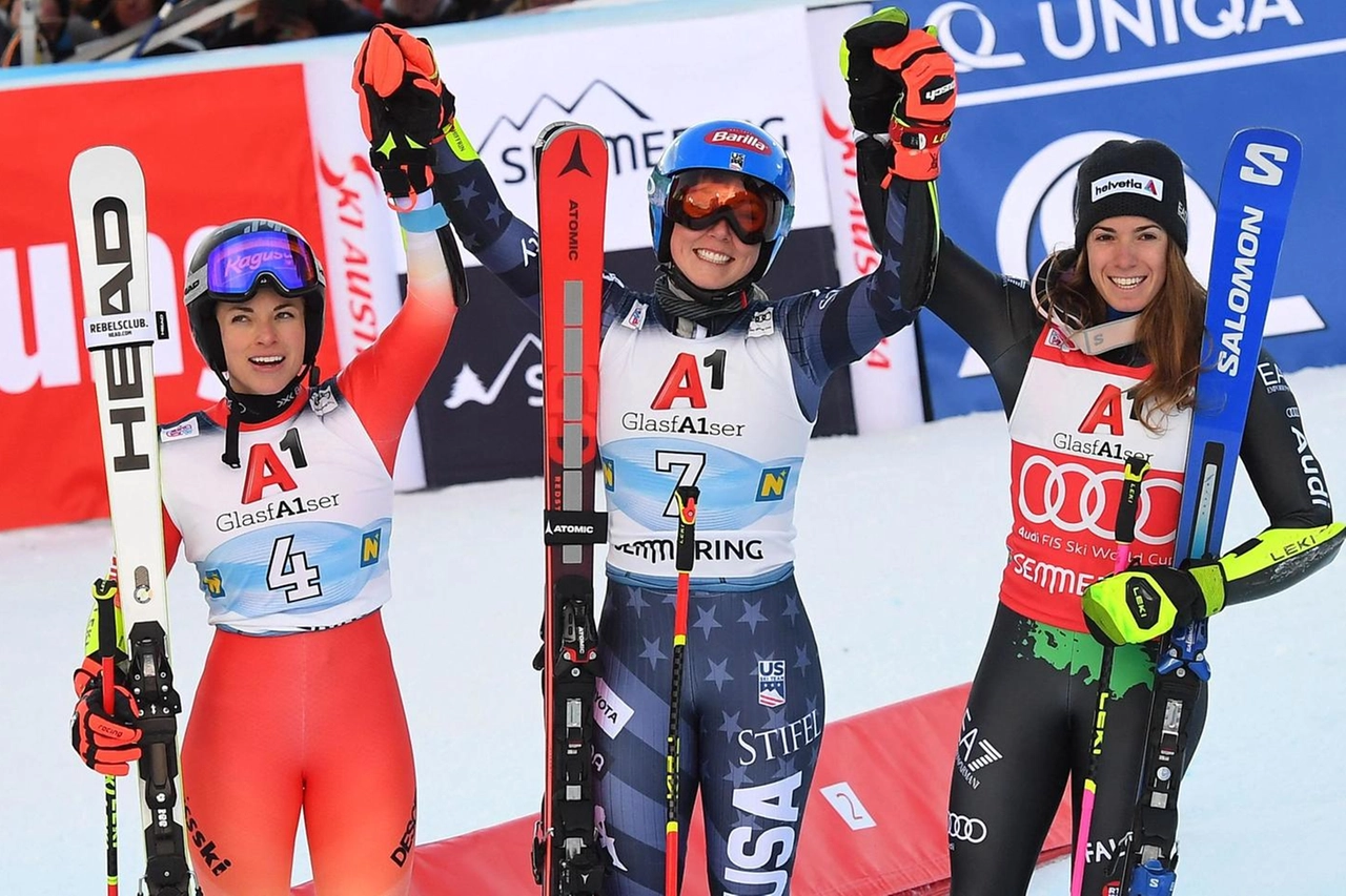 Lara Gut-Behrami, Mikaela Shiffrin e Marta Bassino (Ansa)