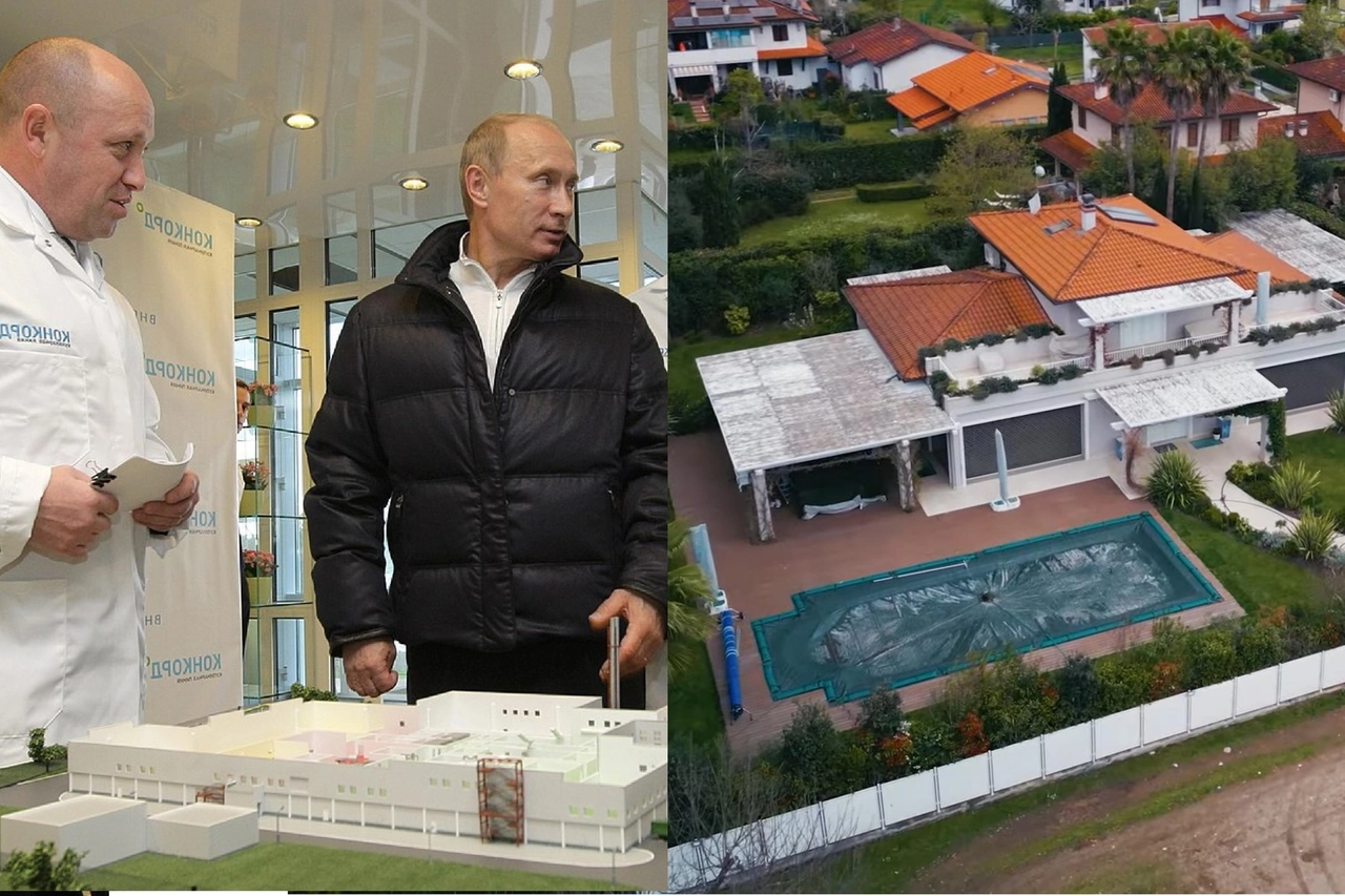 Prigozhin con Putin in una foto del 2010, ai tempi in cui era chef. A destra la villa del consuocero a Forte dei Marmi, Lucca (Ansa)