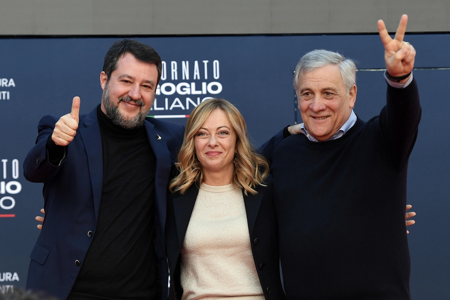 La presidente del Consiglio Giorgia Meloni insieme ai vicepremier Matteo Salvini e Antonio Tajani