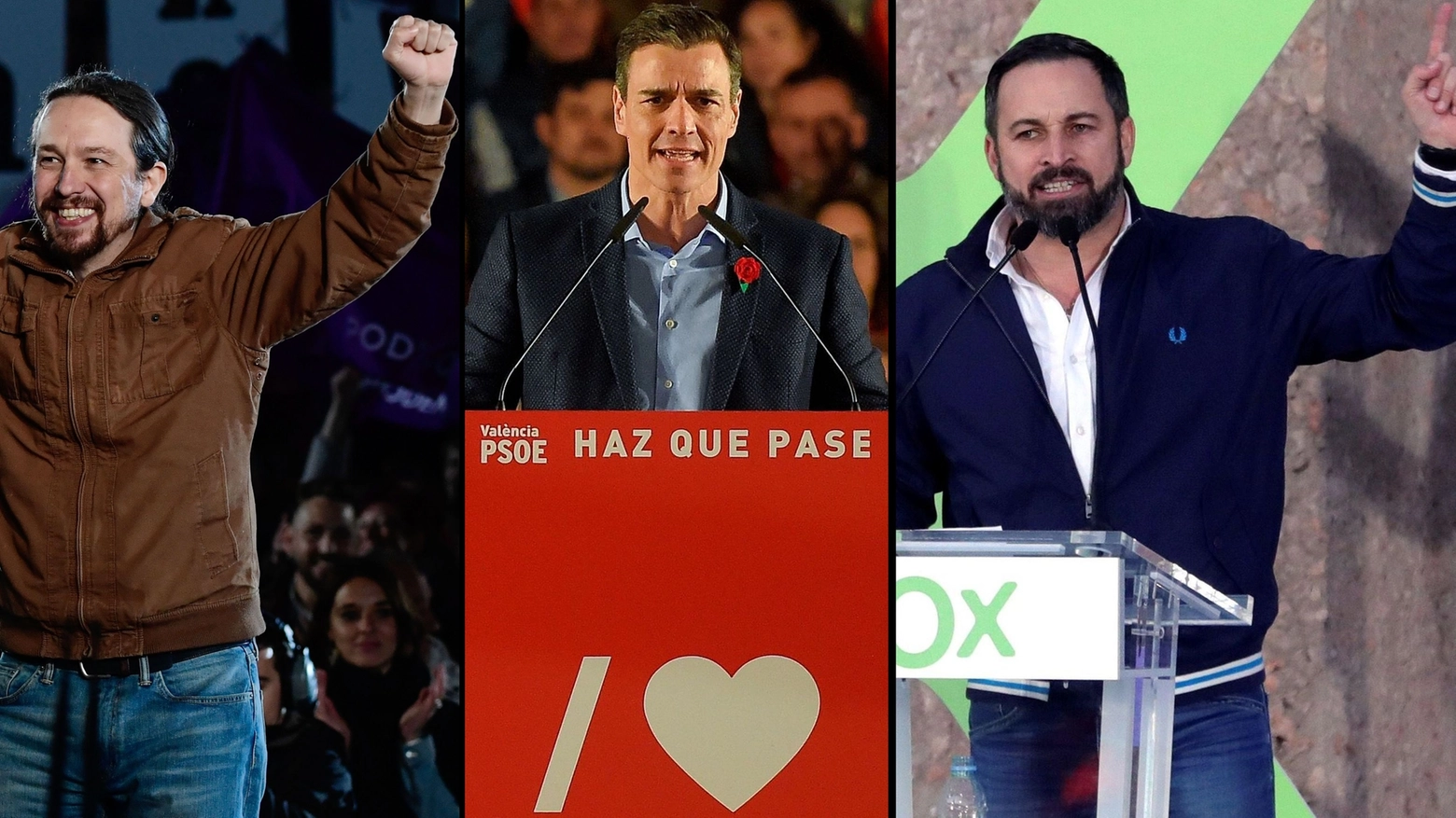 Elezioni in Spagna: Pablo Iglesias,  Pedro Sanchez e Santiago Abascal