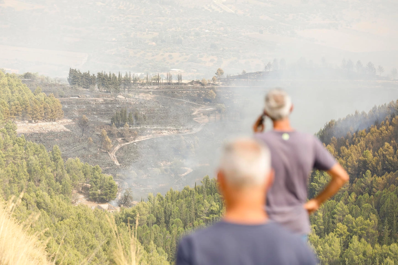 L' incendio di vaste dimensioni nei territori di Giarratana e Monterosso Almo (Ansa)