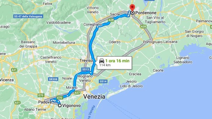 La mappa delle ricerche tra Vigonovo (Venezia) e Pordenone