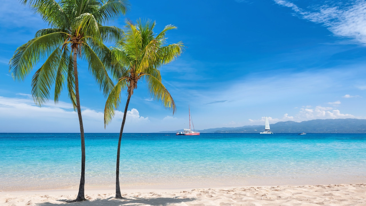 Spiaggia tropicale di sabbia bianca, con palme di cocco e mare turchese sull'isola caraibica della Giamaica