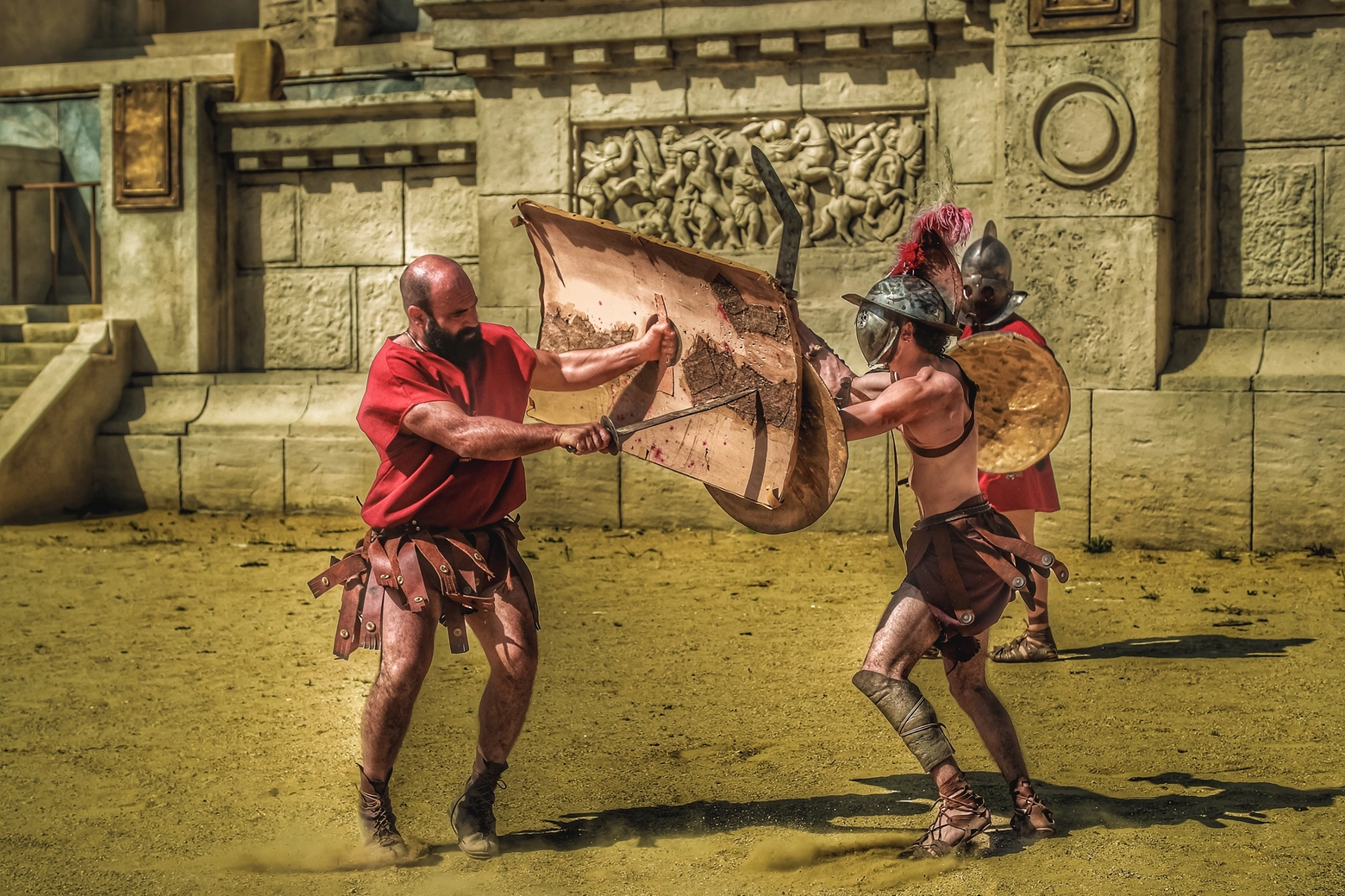 Una ricostruzione scenica della lotta tra gladiatori per lo spettacolo Roma on fire