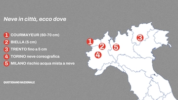 La neve di novembre arriva anche nelle città: la mappa e gli accumuli. Raffiche di libeccio fino a 100 all'ora