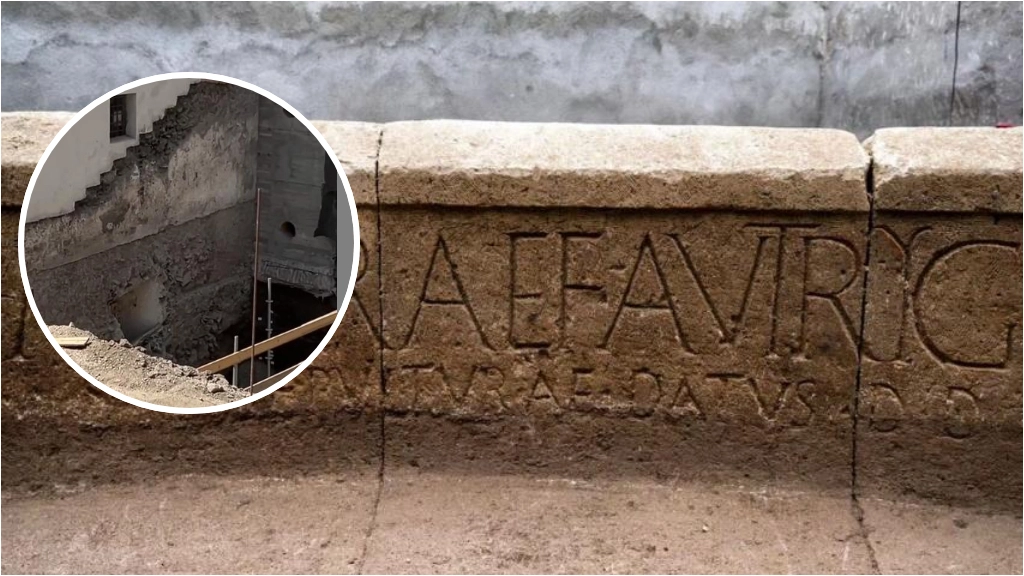 Una porzione dell'iscrizione della tomba. Nel cerchio, lo scavo (Instagram)
