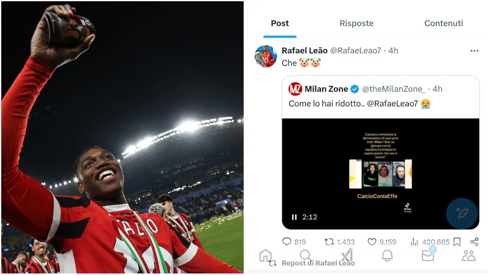 Cassano versus Leao, ci risiamo. Antonio liquida Rafa che risponde con l’emoji dei pagliacci