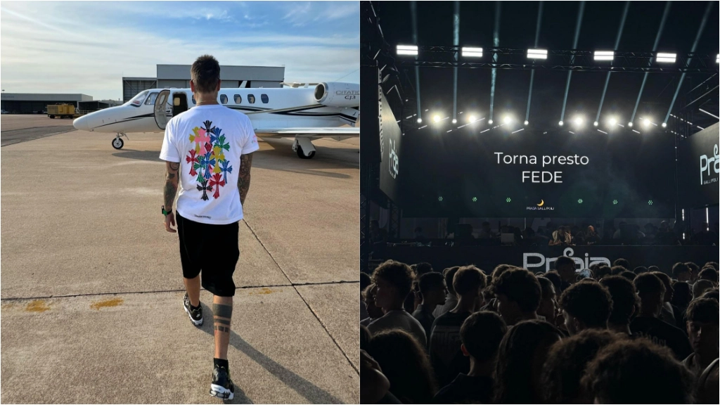 A sinistra l'ultima foto postata da Fedez sui social, appena prima di salire sul jet privato verso la Puglia; a destra il messaggio di incoraggiamento della Praja a Gallipoli dove il rapper si sarebbe dovuto esibire venerdì 2 agosto