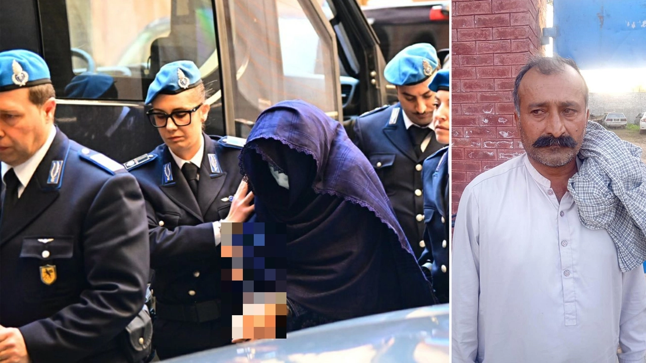 L'arrivo in tribunale della madre di Saman (a sinistra) in abito tradizionale e a destra il marito e padre della 18enne uccisa a Novellara, Shabbar Abbas