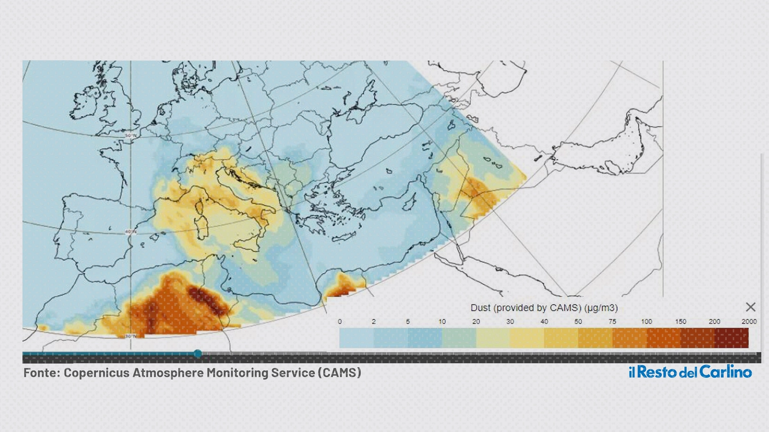 La polvere arrivata dal deserto del Sahara che ha 'ingiallito' il cielo dell'Italia (fonte Copernicus Atmosphere Monitoring Service - CAMS)