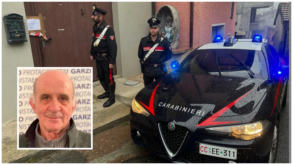 Carabinieri davanti all'abitazione della vittima, Candido Montini (nel riquadro)