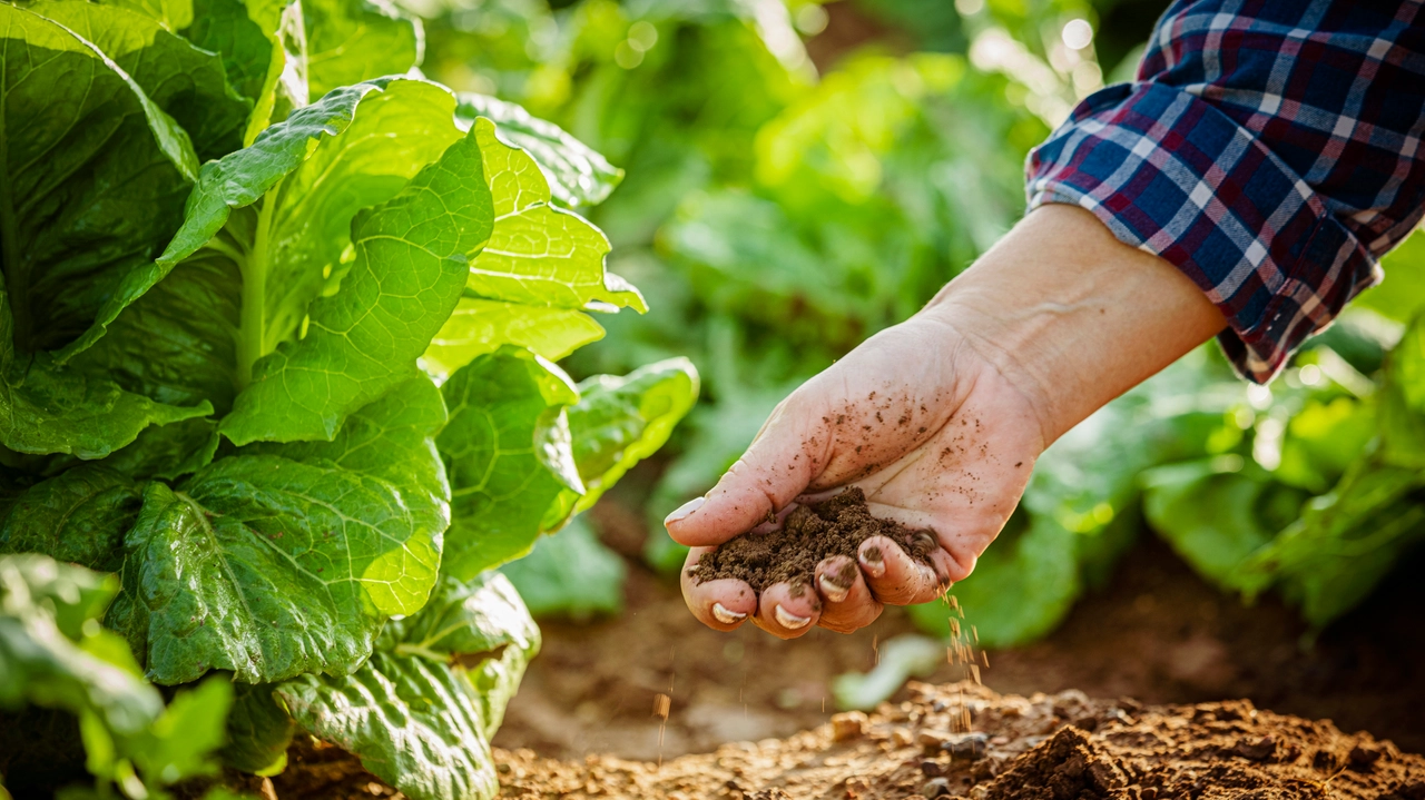 Close up of a farmer's hand examinng dirt in a romaine lettuce field