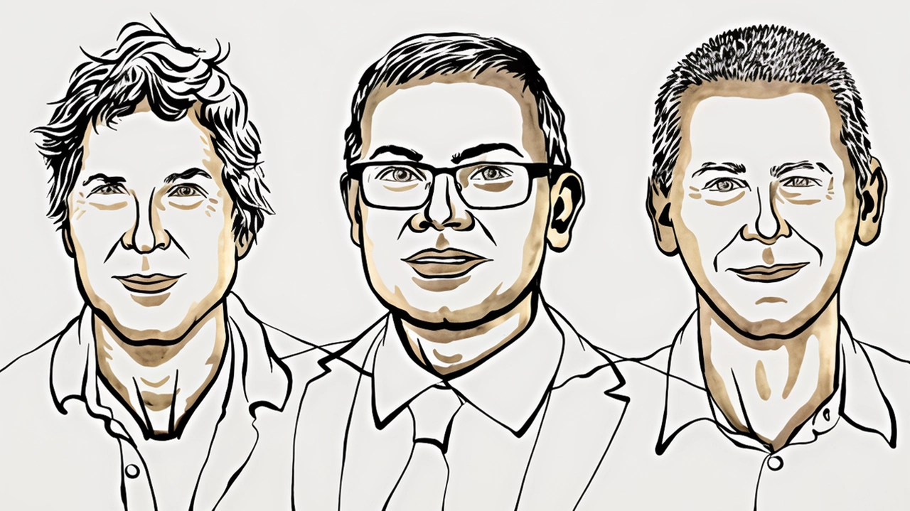 David Baker, Demis Hassabis e John Jumper. nel disegno diffuso dall’Accademia svedese