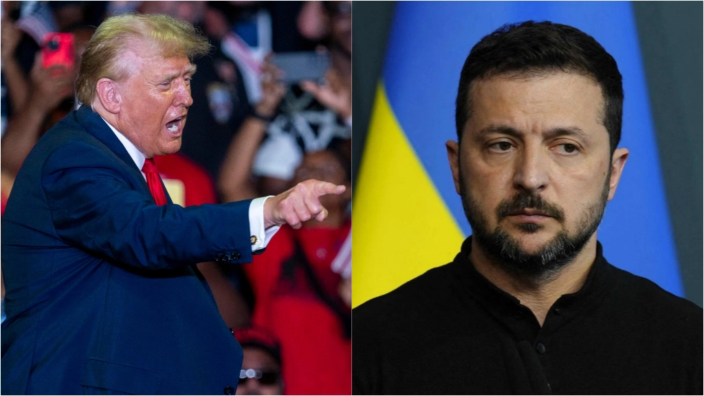 Il candidato repubblicano alla Casa Bianca Donald Trump (Epa) e il presidente ucraino Volodymyr Zelensky (Afp)