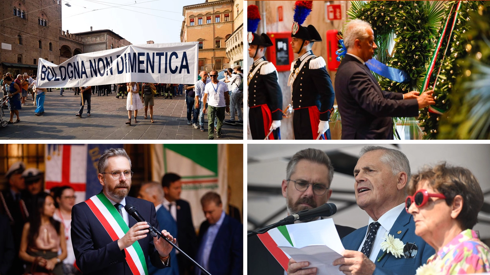 Strage alla stazione di Bologna, la commemorazione a 44 anni dalla bomba che fece 85 morti e 200 feriti. In alto da sinistra il corteo, la deposizione delle corone in stazione con il ministro dell'Interno Matteo Piantedosi, il presidente dell'Associazione dei familiari delle vittime della strage Paolo Bolognesi e il sindaco di Bologna Matteo Lepore