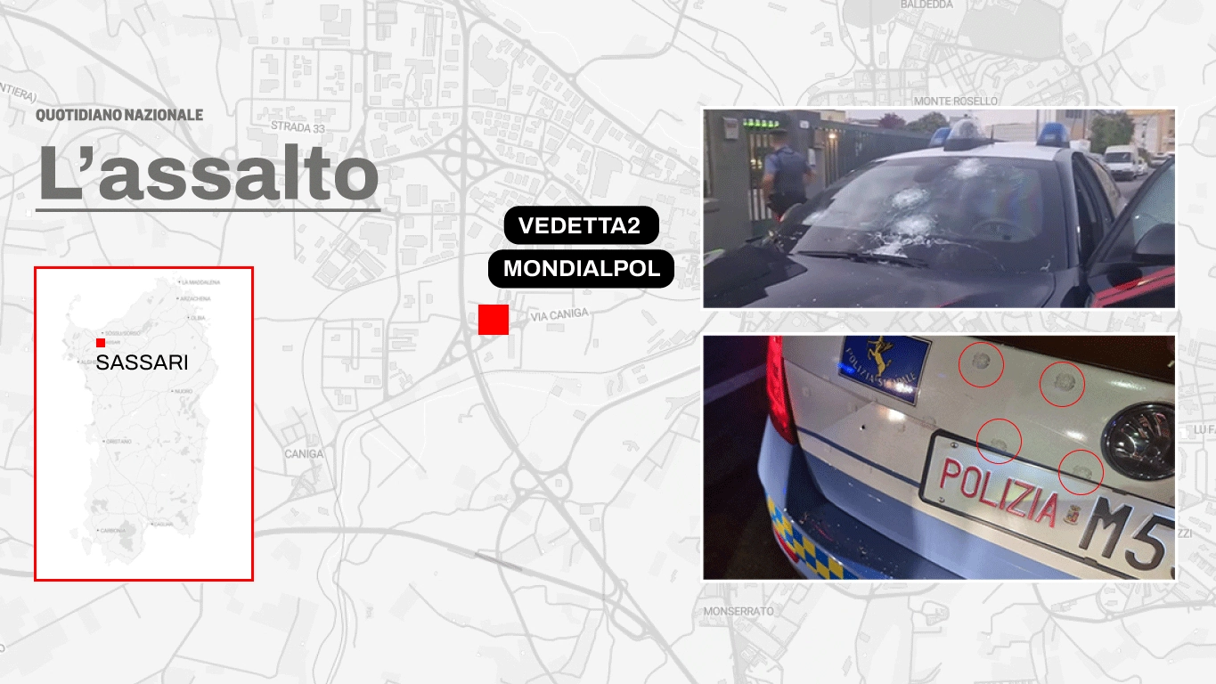 Assalto alla Mondialpol di Sassari: auto di carabinieri e polizia crivellate di colpi