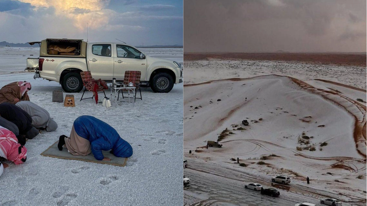 Il deserto della regione saudita di Al-Jawf imbiancato da una rarissima nevicata (X)