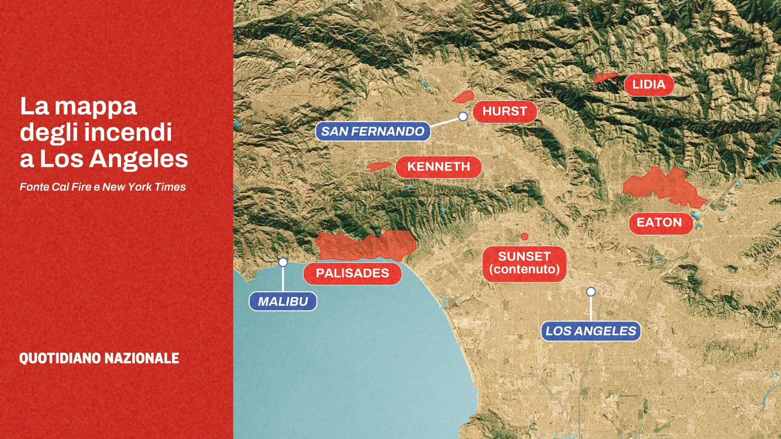 La mappa degli incendi che circondano Los Angeles: i grafici e le cartine interattive live