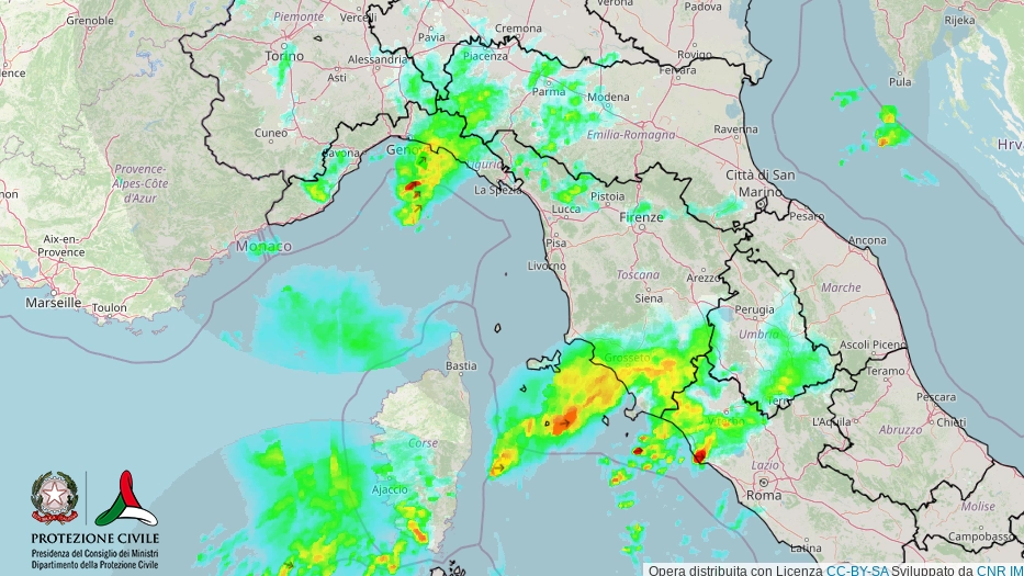 Il radar meteo della Protezione civile nella mattinata del 25 ottobre