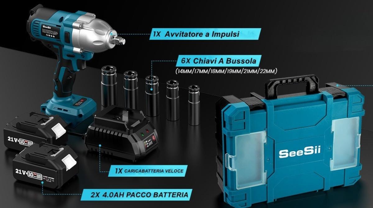 Avvitatore a impulsi professionale con valigetta 2 batterie e accessori per fai da te smart