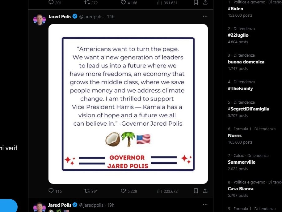 Il governatore del Colorado Jared Polis ha firmato il suo messaggio di endorsement alla vicepresidente Harris con gli emoji di un cocco, della pianta e della bandiera a stelle e strisce