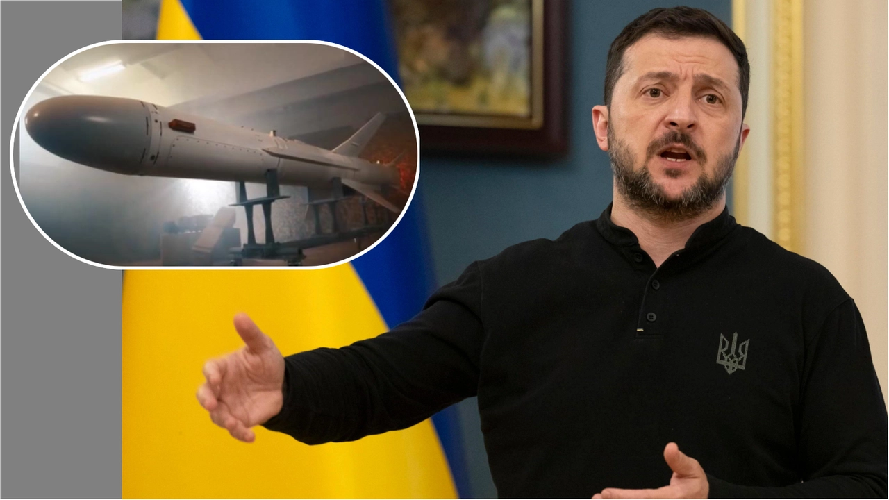 Il presidente ucraino Volodymyr Zelensky e, nel riquadro, il missile Long Neptune