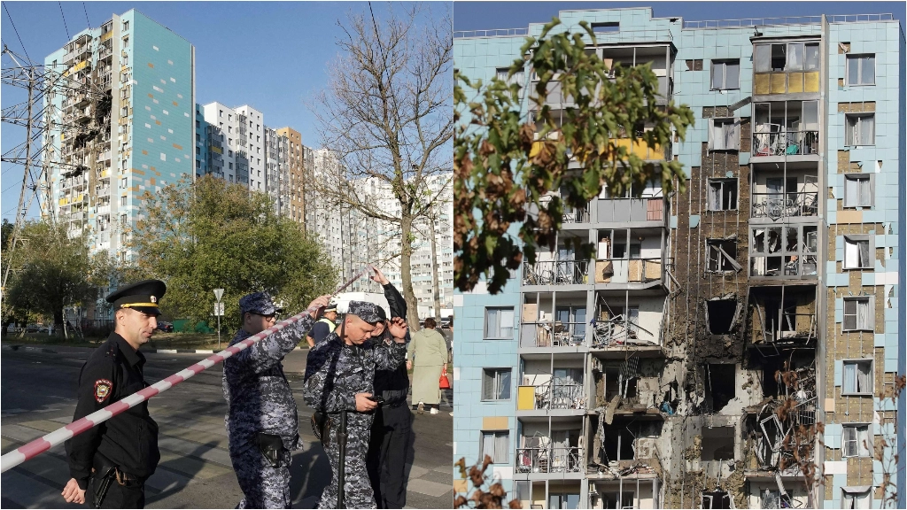 Un palazzo residenziale a Ramenskoye, nella regione di Mosca, colpito da droni ucraini (foto Ansa)