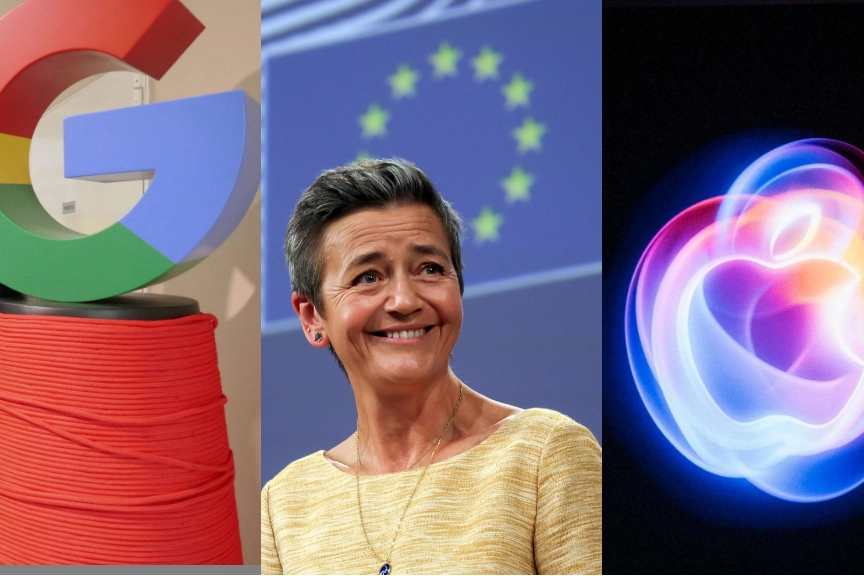 I simboli ei Google e Apple e la vicepresidente della Commissione europea Margrethe Vestager