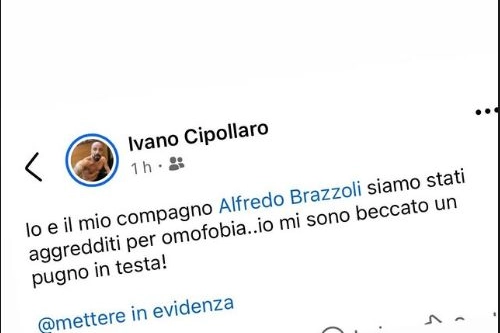 Il post di Ivano Cipollaro che denuncia un'aggressione omofoba