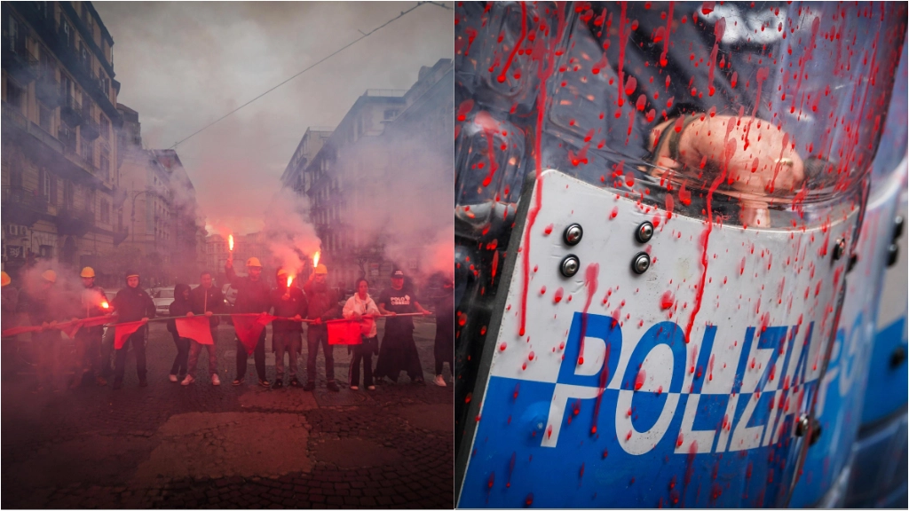 Manifestazione del 1° maggio a Napoli. A destra: uno scudo della polizia imbrattato di vernice rossa
