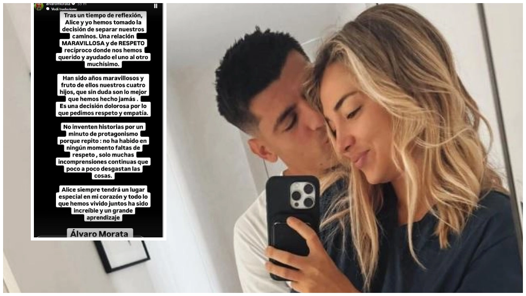 Una foto di Alvaro Morata e Alice Campello da Instagram e il messaggio della coppia, con l'annuncio della separazione (Instagram @alicecampello @alvaromorata)