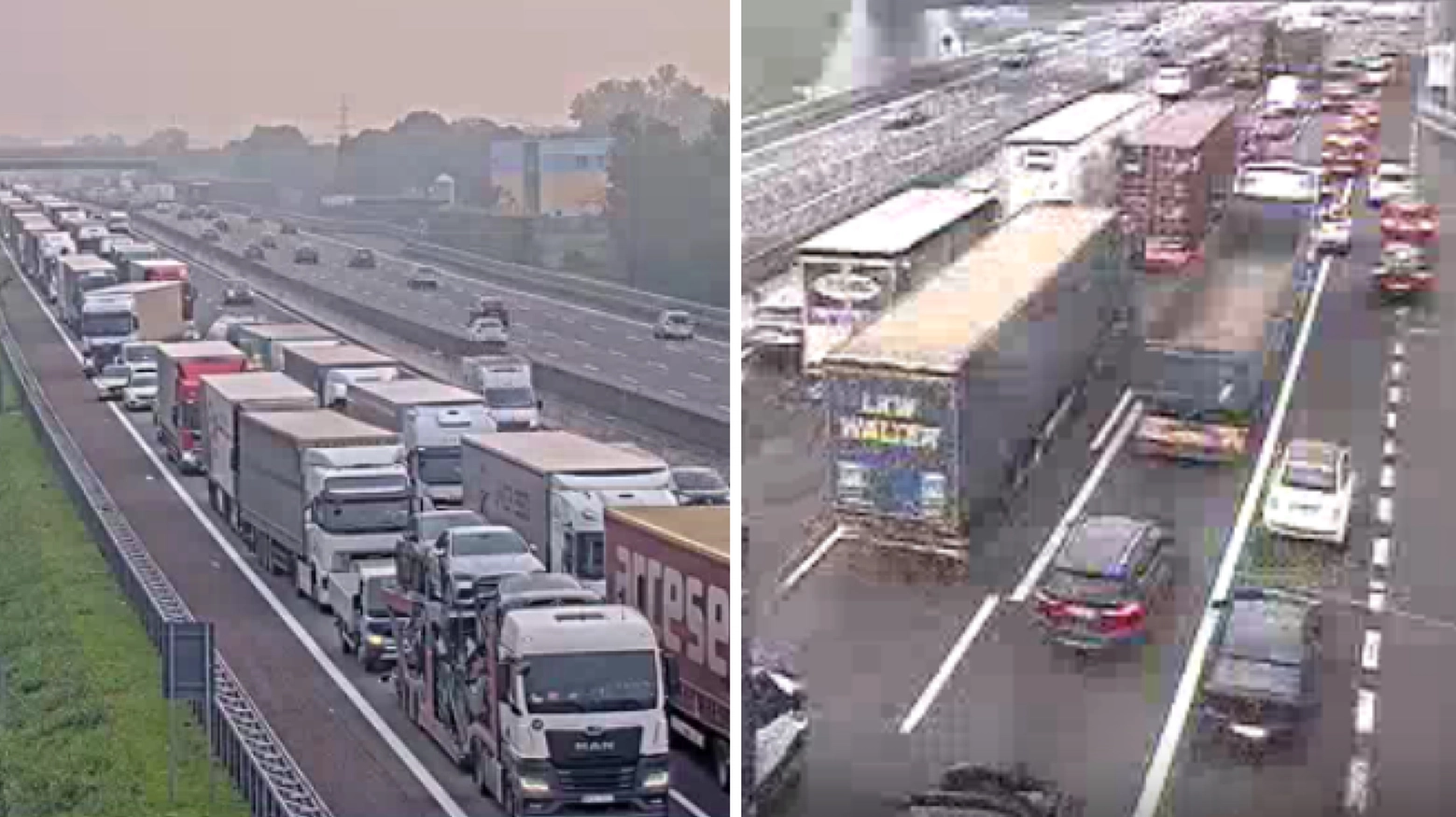 Due fotogrammi di due telecamere in tempo reale posizionate a circa 10 chilometri di distanza l'una dall'altra mostrano il traffico intenso sull'autostrada A4 tra Bergamo e Milano