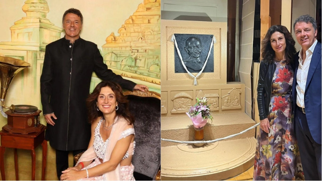 Matteo Renzi e la moglie Agnese in abiti tradizioni per le nozze di Anant Ambani e, a destra, nella casa di Ghandi