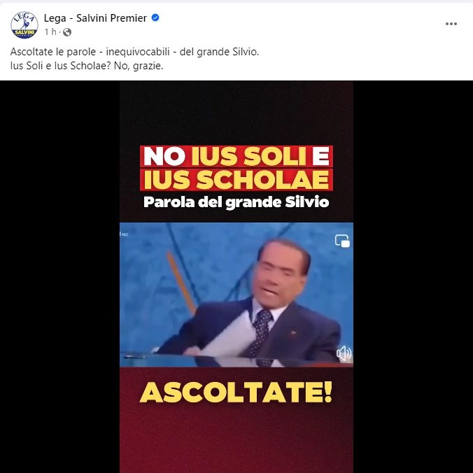 Il post della Lega: "Berlusconi diceva no allo ius scholae"