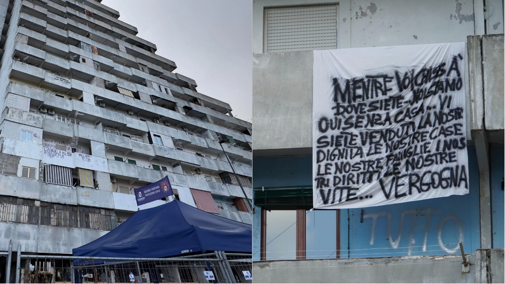 Vela Celeste di Scampia (Napoli). A destra: uno striscione di protesta