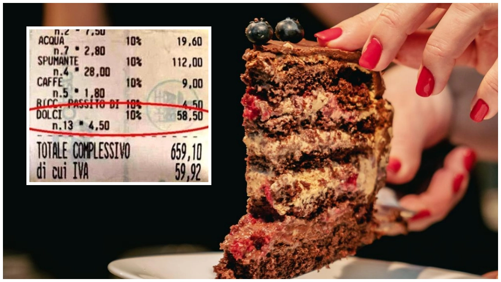 Lo scontrino con evidenziati i 58 euro di spesa per lo sporzionamento della torta di compleanno