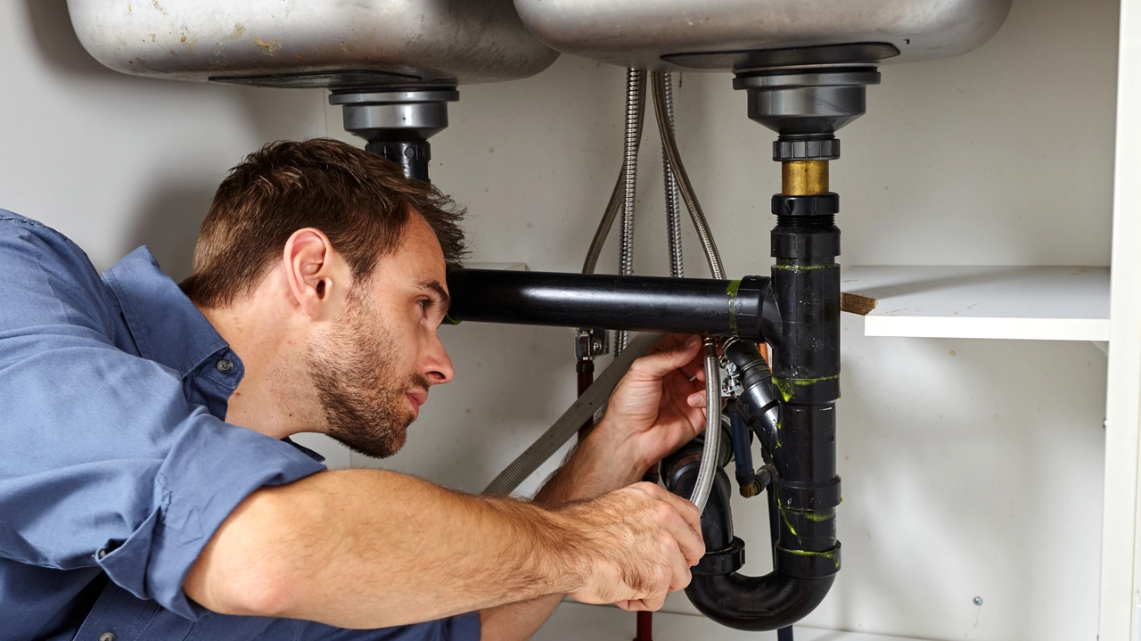 Plumber with tools doing reparation in the kitchen. idraulico