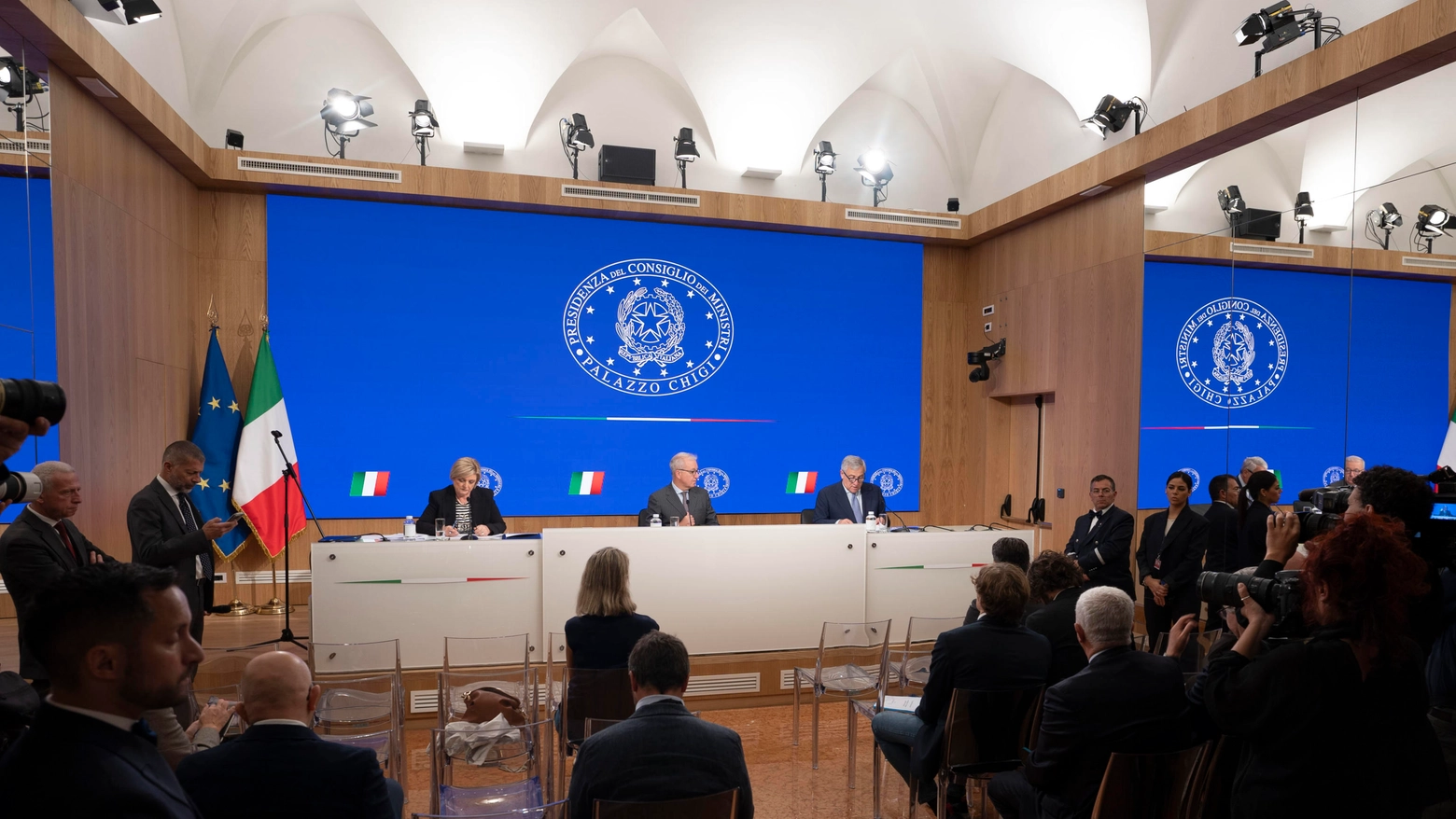 Un momento della conferenza stampa al termine del Consiglio dei ministri (Ansa)