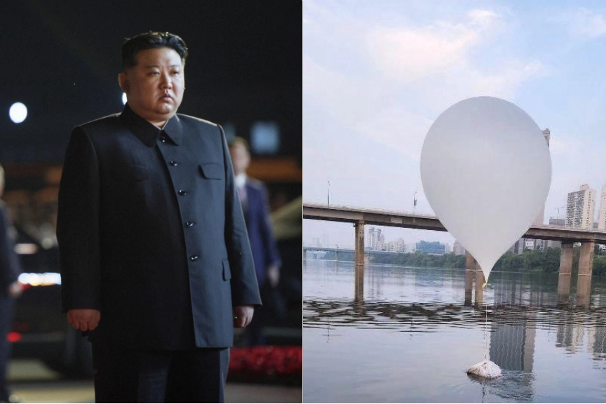 A sinistra Kim Jong-Un e a destra un palloncino pieno di escrementi lanciato su Seul