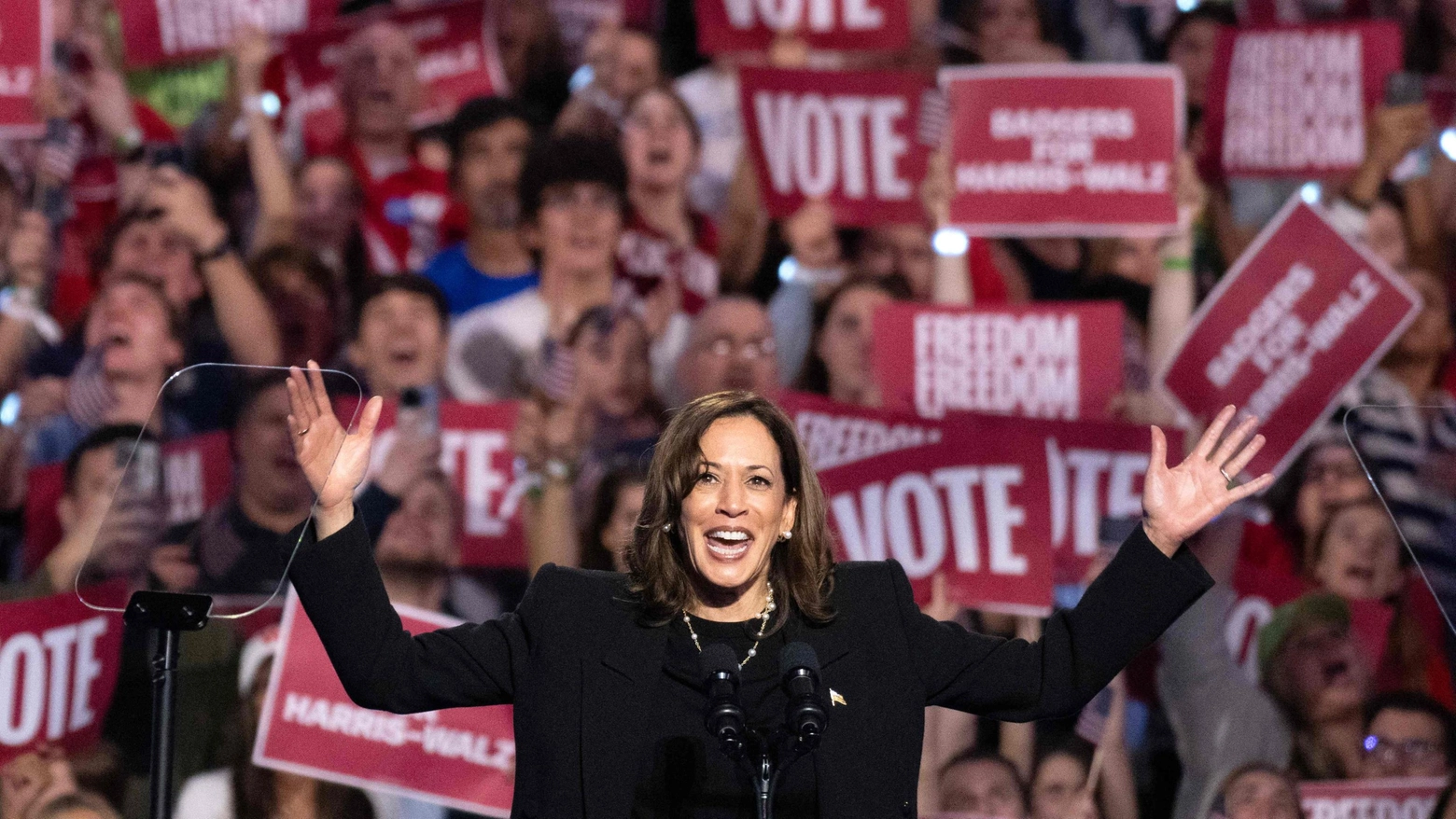 La vicepresidente Kamala Harris durante un comizio a Madison, in Wisconsin (Afp)