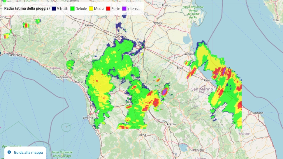 Il radar meteo tra Toscane ed Emilia Romagna (sito Arpae)