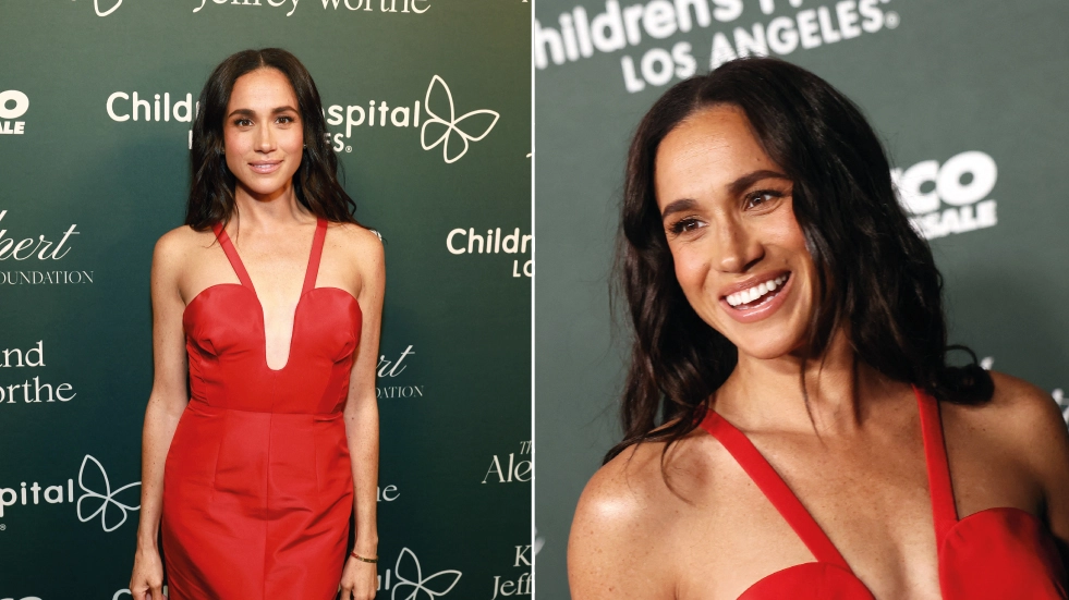 Meghan Markle nell'abito rosso di Herrera con cui ha partecipato a un evento di beneficenza per l'ospedale pediatrico di Los Angeles