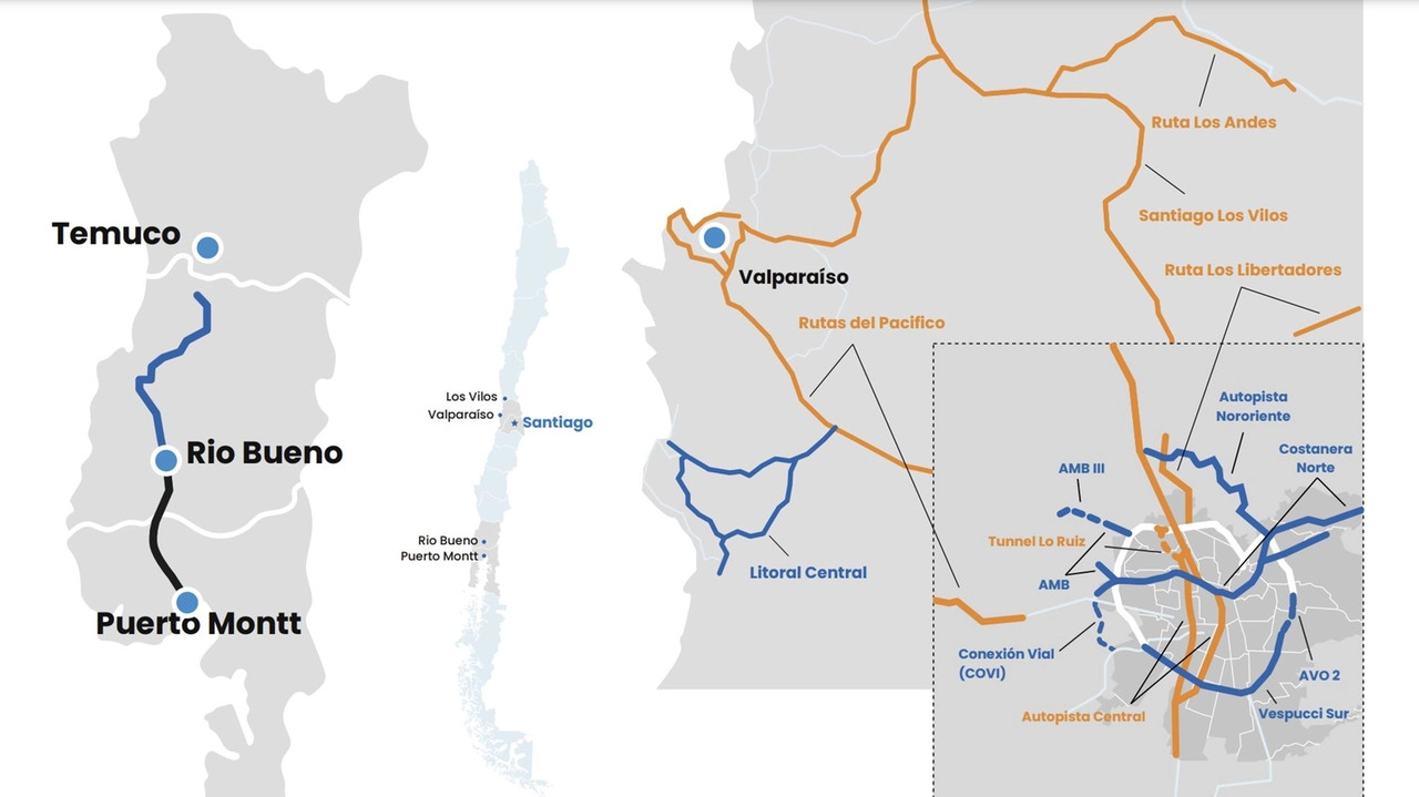 La mappa che mostra la tratta autostradale della Ruta 5 Temuco-Río Bueno assegnata in concessione per la gestione a Mundys