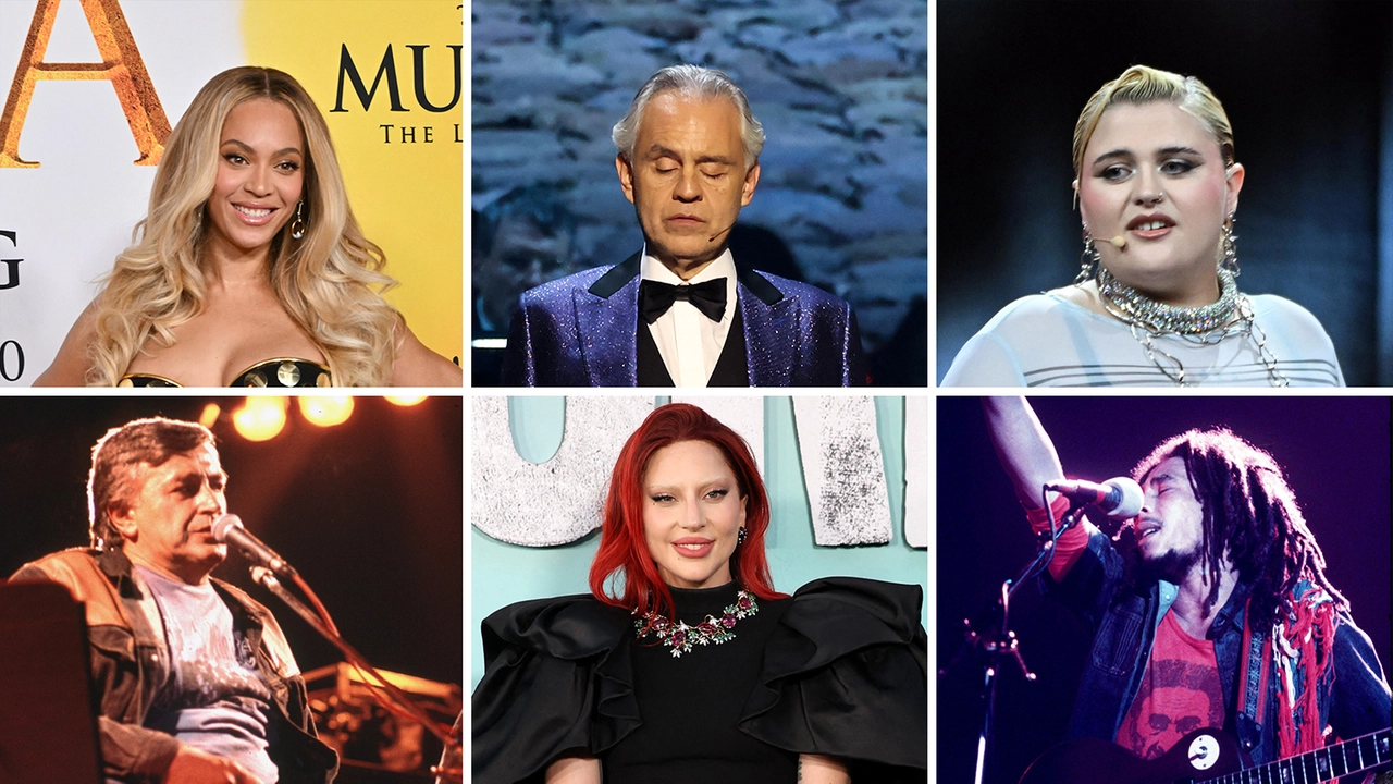 Da sinistra: Beyoncé, Andrea Bocelli, BigMama, Pierangelo Bertoli, Lady Gaga e Bob Marley