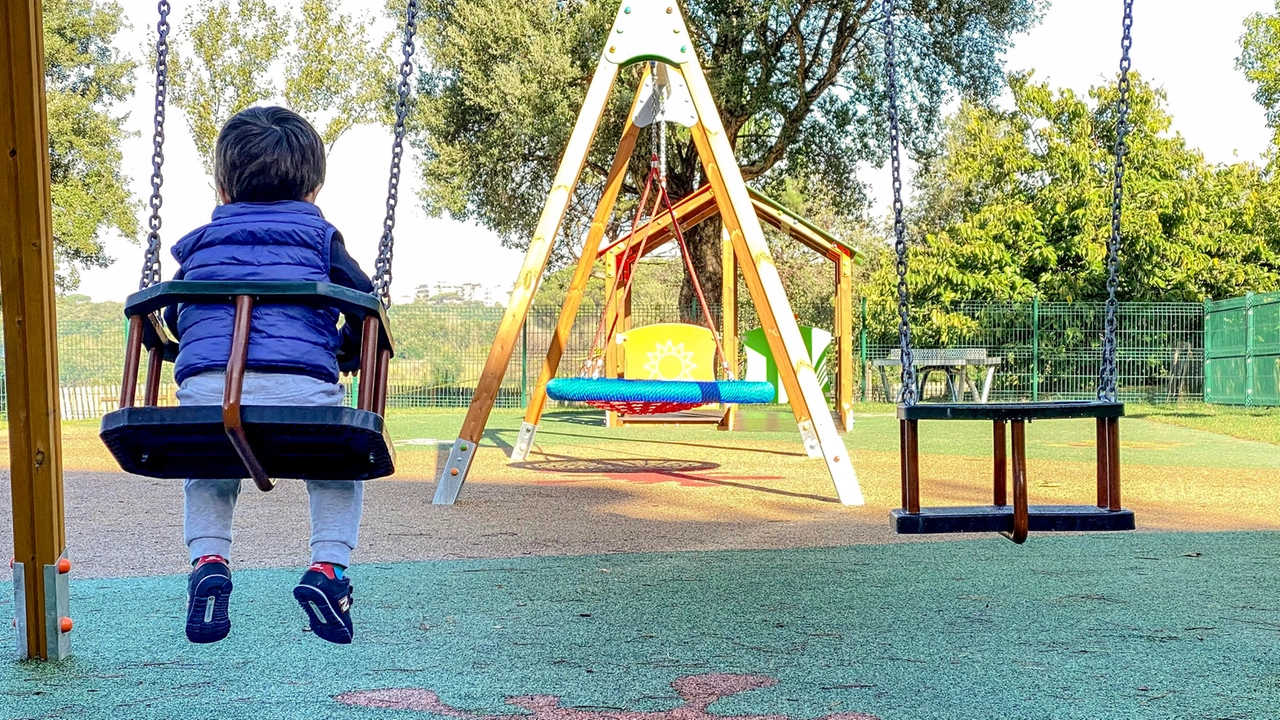 Assegno unico 2025, foto generica di un bambino che gioca in un parco (Ansa)