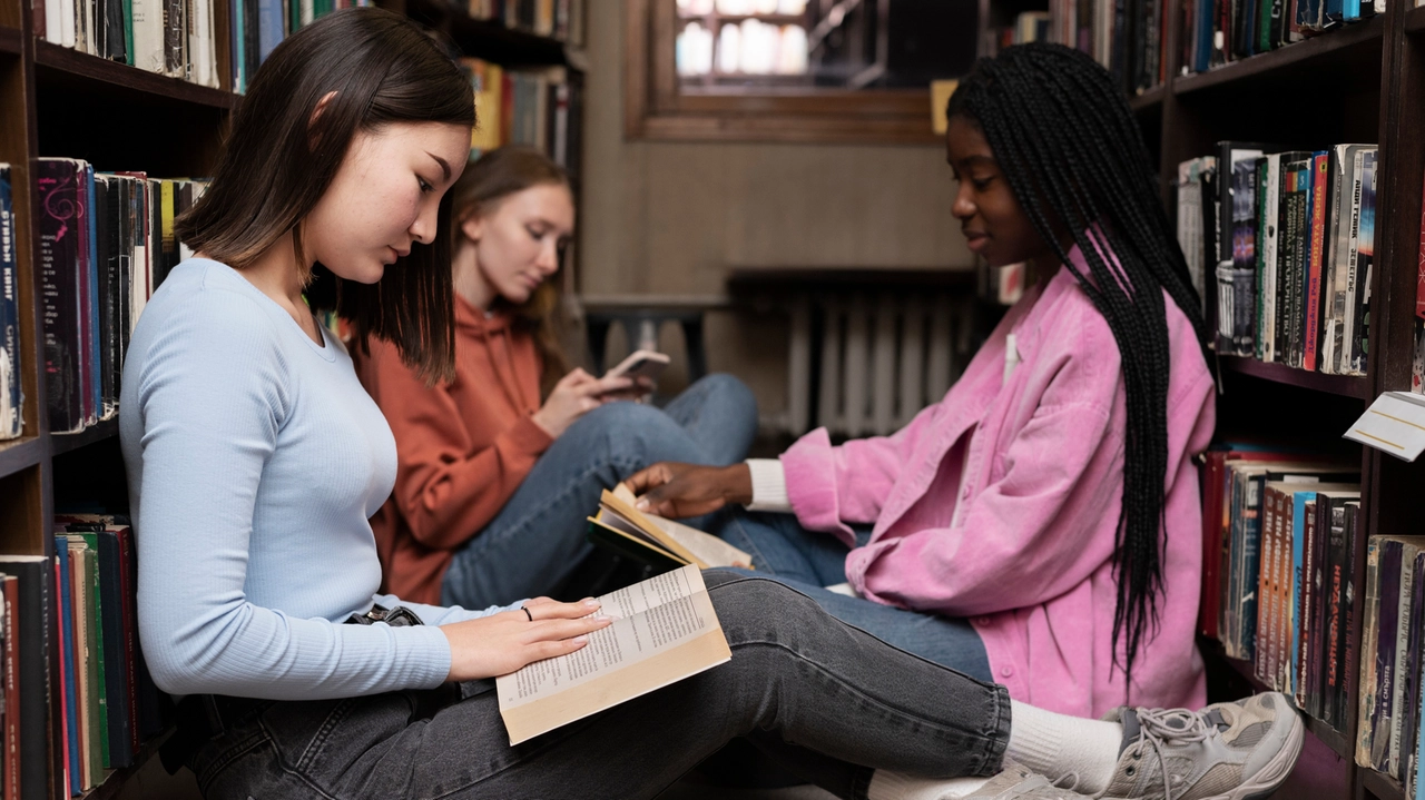 Tre ragazze che leggono in biblioteca