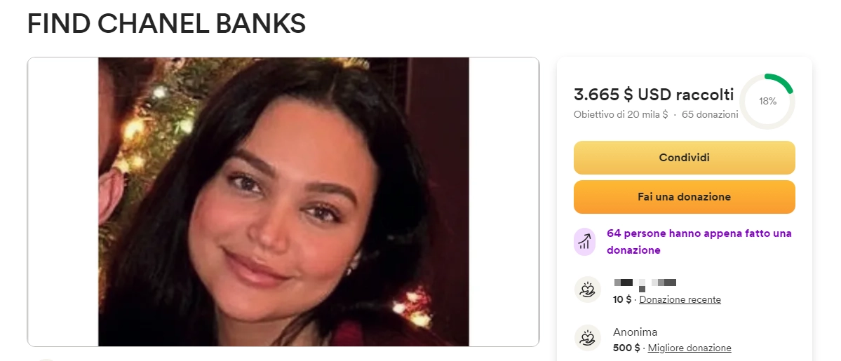 La pagina GoFundMe creata dalla cugina di Chanel Banks