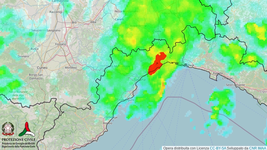 Liguria, il radar meteo della Protezione civile alle 15.30