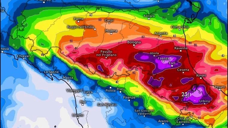 Stima degli accumuli totali di pioggia dopo il maltempo sull'Emilia Romagna