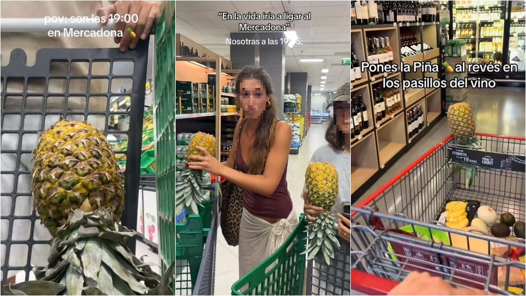 Alcuni fotogrammi da video TikTok di utenti che mostrano i propri ananas capovolti mentre fanno la spesa (TikTok)